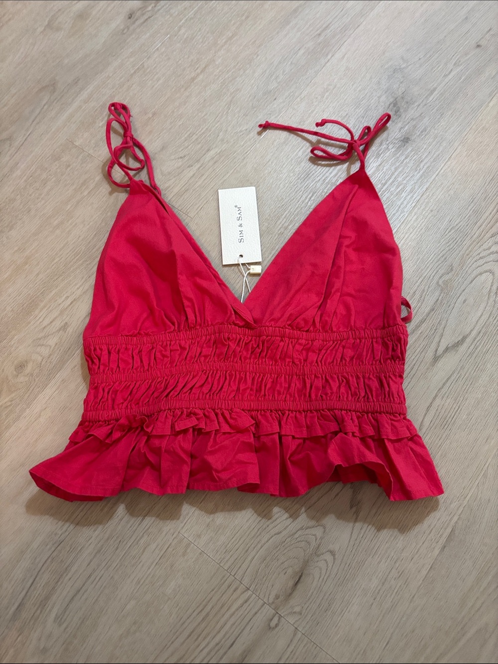 Sim & Sam hot pink smocked waist ruffled hem crop top size small NWTS size S